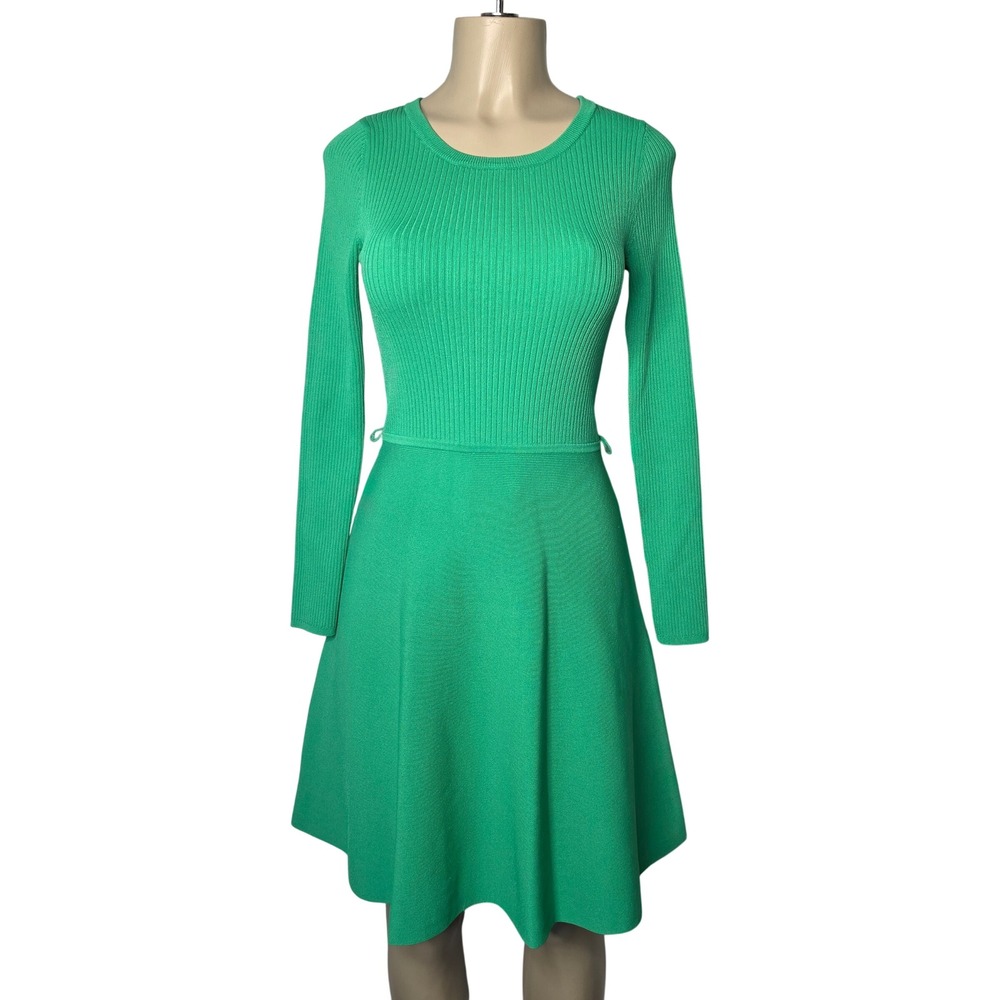 Karen Millen Dress Womens S Green Ribbed Skater Long Sleeve A-Line Knit Mini